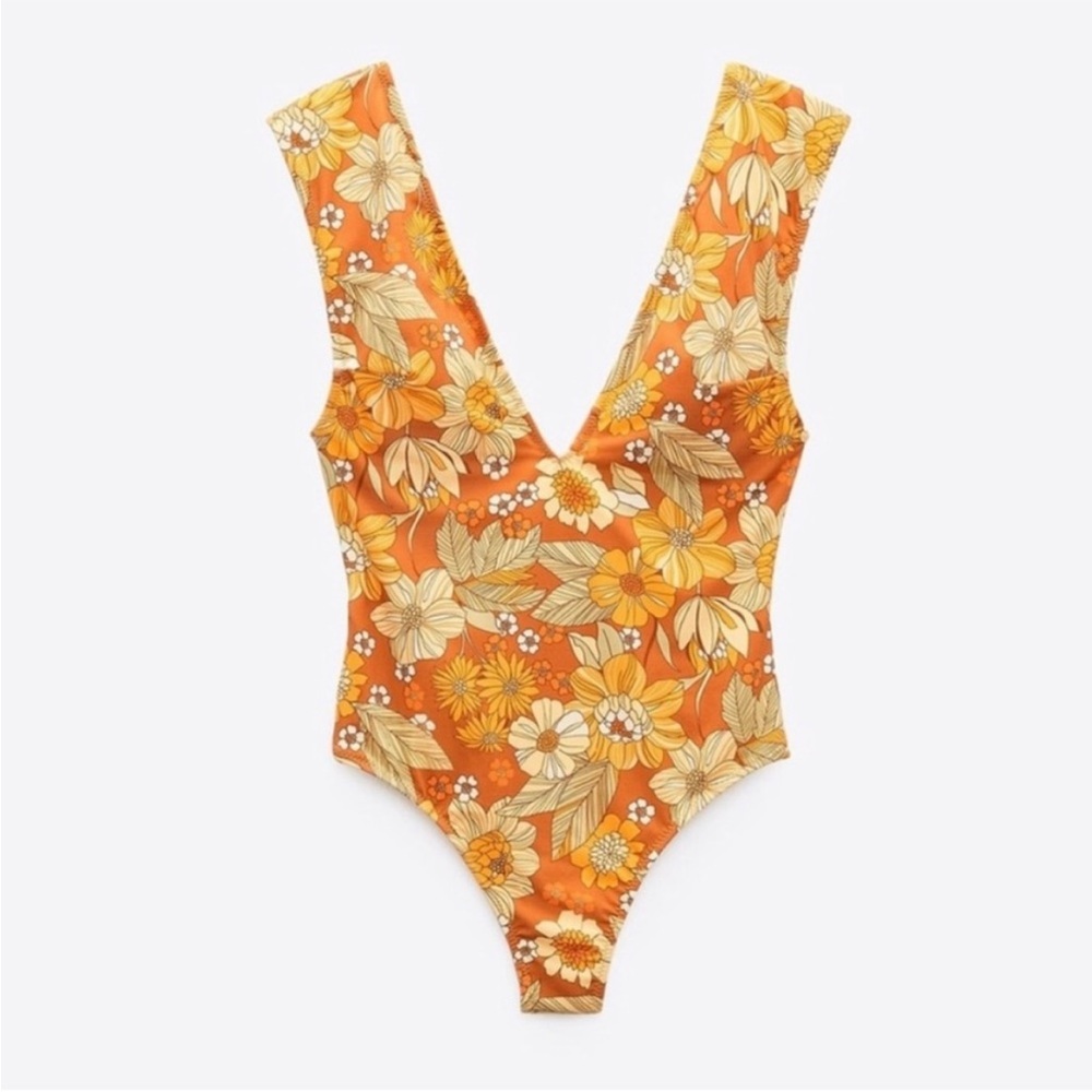 Zara Orange Floral V-Neck One-Piece Swimsuit
